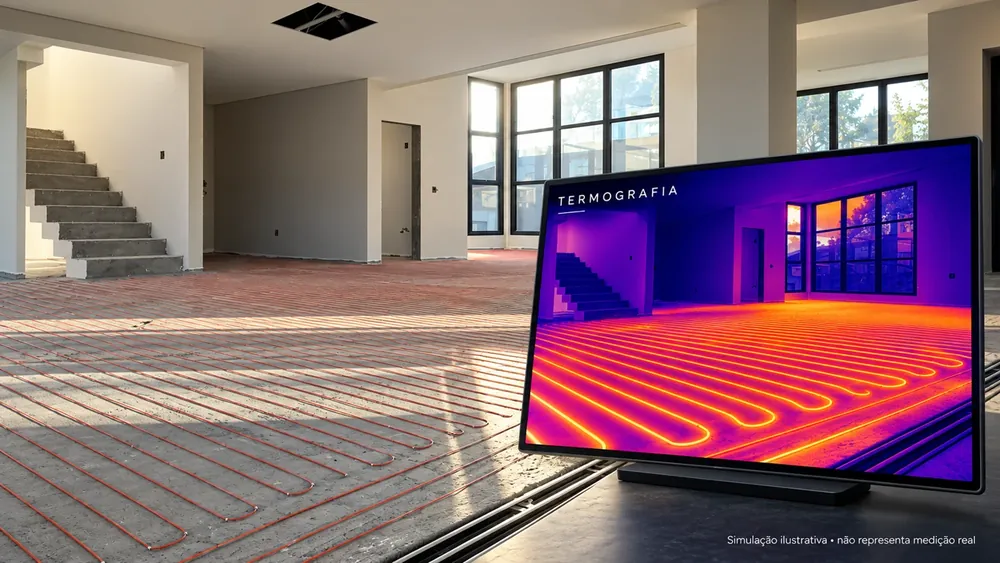 Piso aquecido com tela ilustrativa de termografia sobreposta