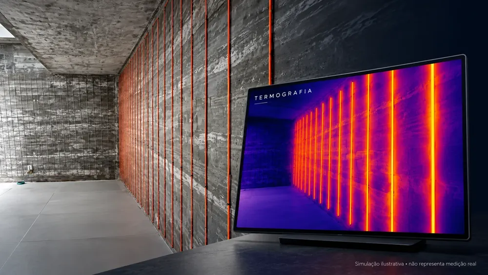 Parede aquecida com tela ilustrativa de termografia sobreposta